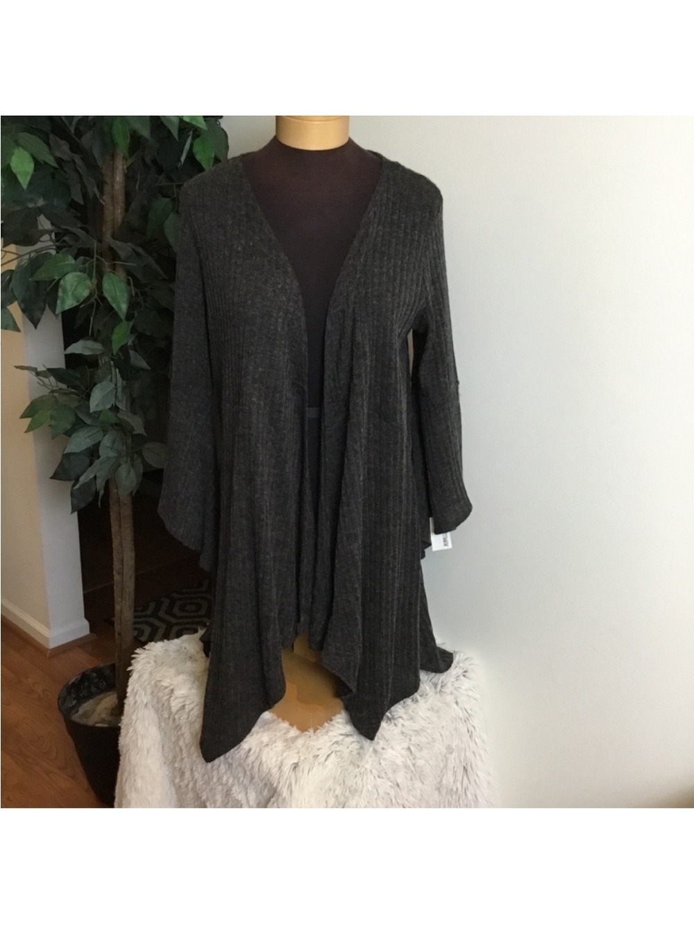 Relativity Charcoal Ribbed Open Front Cardigan XL Waterfall Hem - Picture 2 of 16